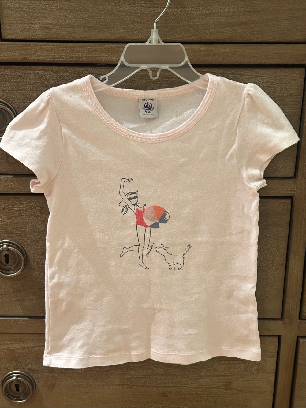 Petit Bateau Light Pink Cotton Tee with Beach Ball Graphic and Branding on Front